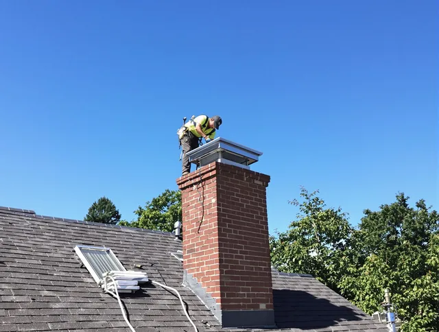 Rockland Chimney Sweep technician measuring a chimney cap in Rockland, MA