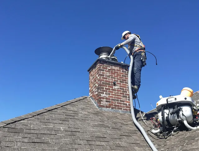 Dedicated Rockland Chimney Sweep team member cleaning a chimney in Rockland, MA