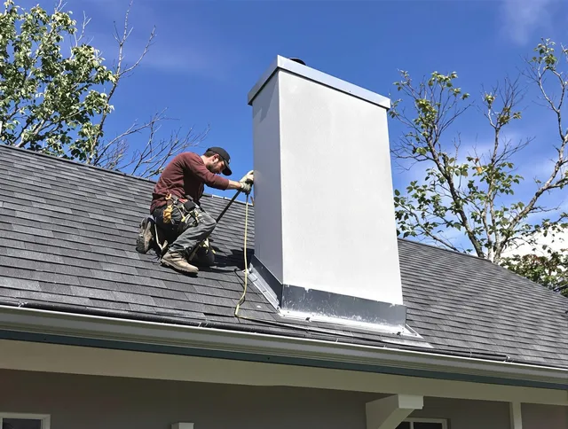 Rockland Chimney Sweep team member finishing chimney construction in Rockland, MA