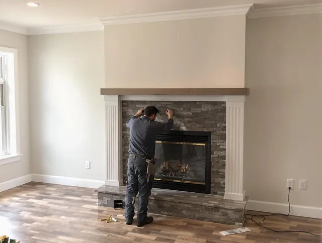 Rockland Chimney Sweep finishing a custom fireplace install in Rockland, MA